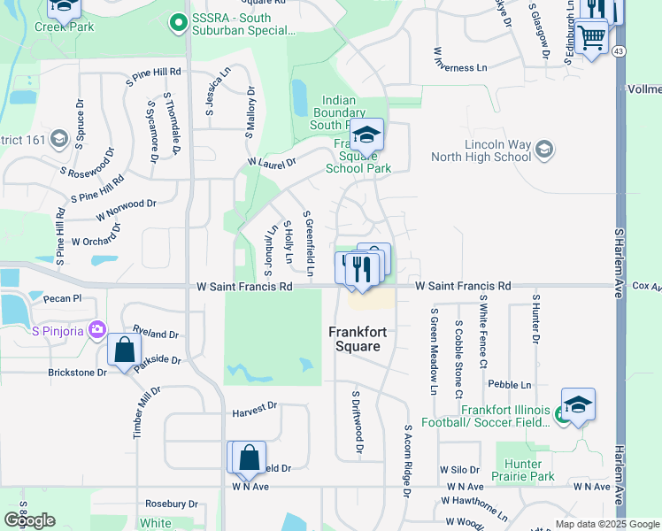 map of restaurants, bars, coffee shops, grocery stores, and more near 20260 South Graceland Lane in Frankfort