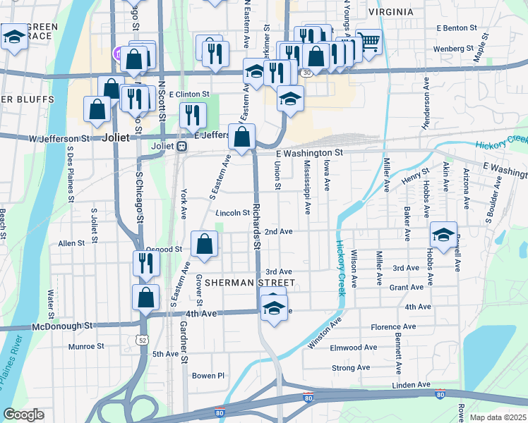 map of restaurants, bars, coffee shops, grocery stores, and more near 112 Richards Street in Joliet