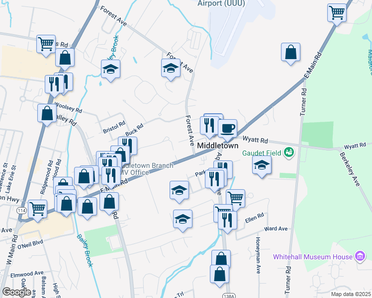 map of restaurants, bars, coffee shops, grocery stores, and more near 438 East Main Road in Middletown