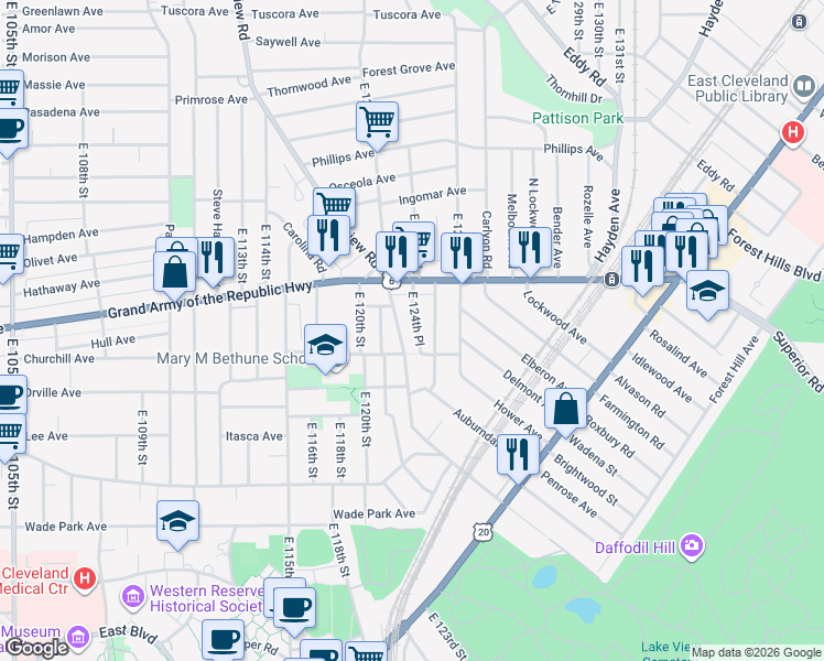 map of restaurants, bars, coffee shops, grocery stores, and more near 1350 East 124th Place in Cleveland
