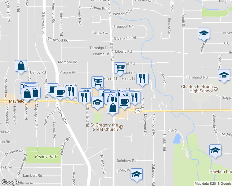 map of restaurants, bars, coffee shops, grocery stores, and more near 1405 South Green Road in South Euclid