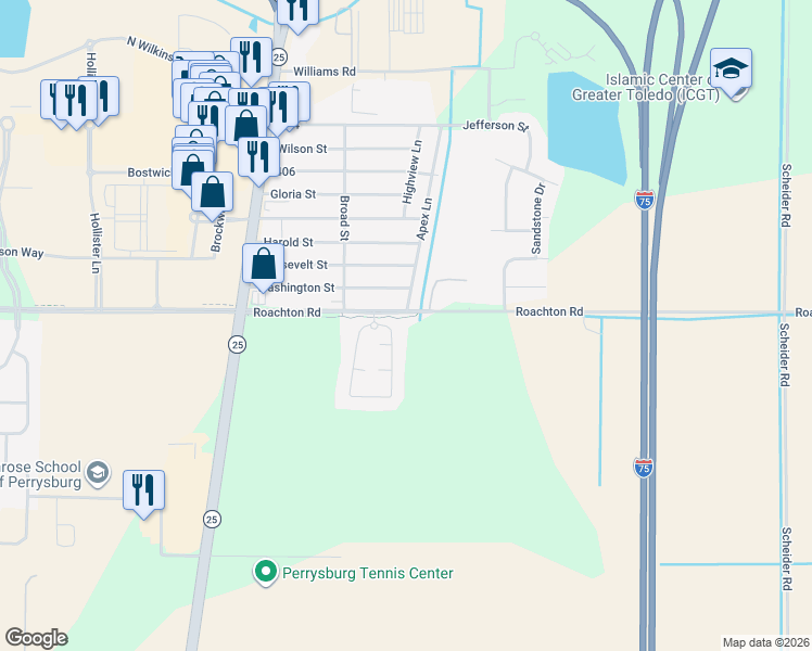map of restaurants, bars, coffee shops, grocery stores, and more near 12315 Roachton Road in Perrysburg