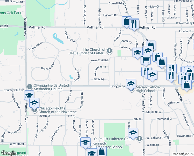 map of restaurants, bars, coffee shops, grocery stores, and more near 550 Winchester Road in Chicago Heights