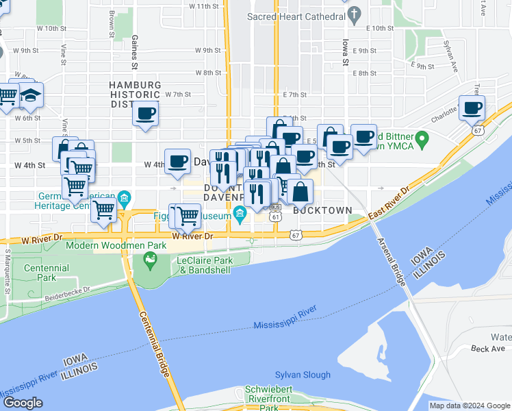 map of restaurants, bars, coffee shops, grocery stores, and more near 209 Main Street in Davenport