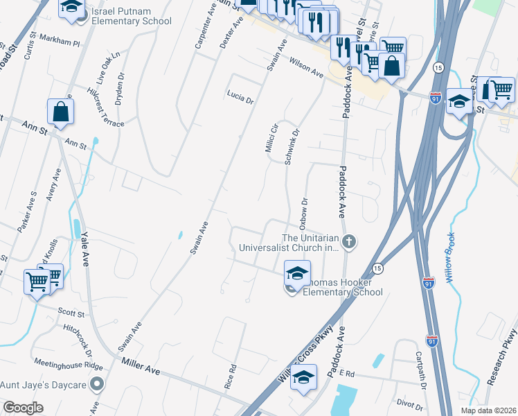 map of restaurants, bars, coffee shops, grocery stores, and more near 76 John George Drive in Meriden