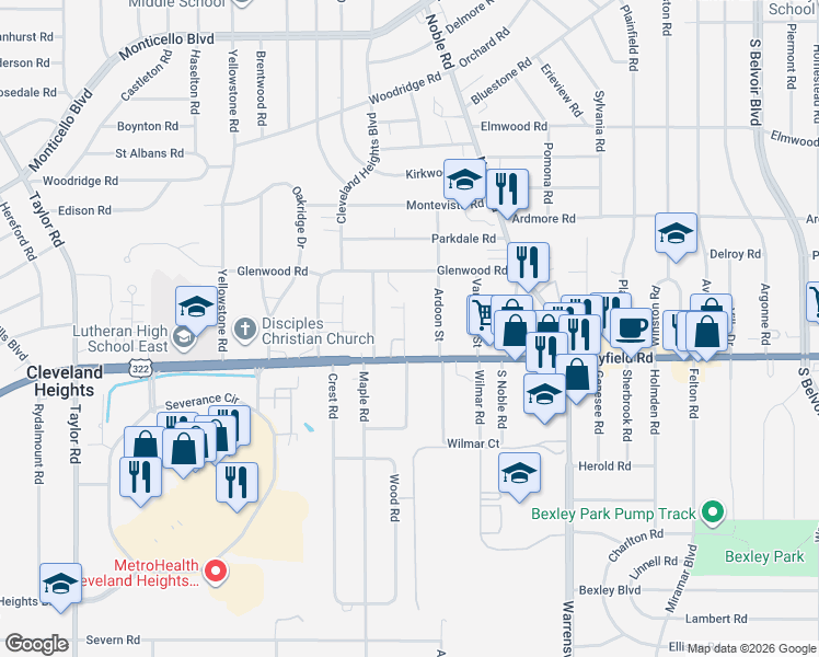 map of restaurants, bars, coffee shops, grocery stores, and more near 1406 Edendale Street in Cleveland Heights