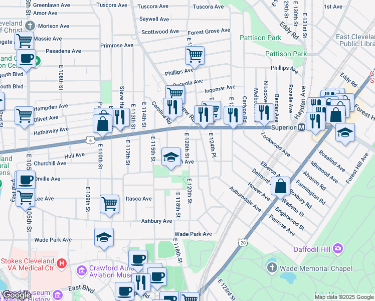 map of restaurants, bars, coffee shops, grocery stores, and more near 1354 East 123rd Street in Cleveland