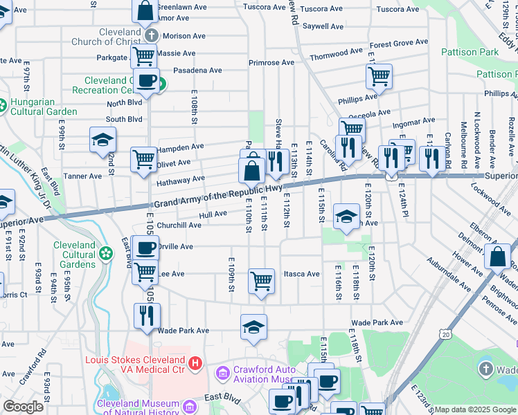map of restaurants, bars, coffee shops, grocery stores, and more near 1323 East 110th Street in Cleveland