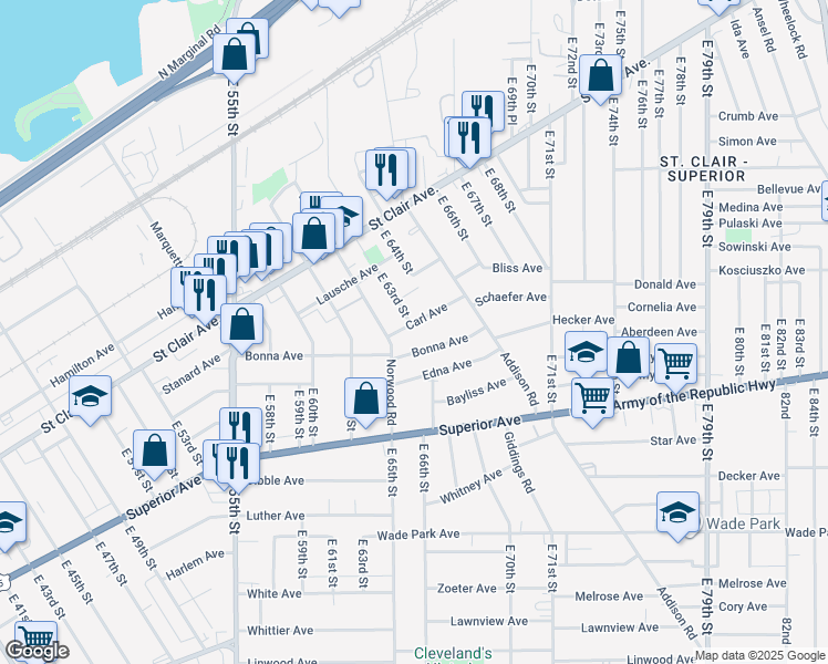 map of restaurants, bars, coffee shops, grocery stores, and more near 6224 Carl Avenue in Cleveland