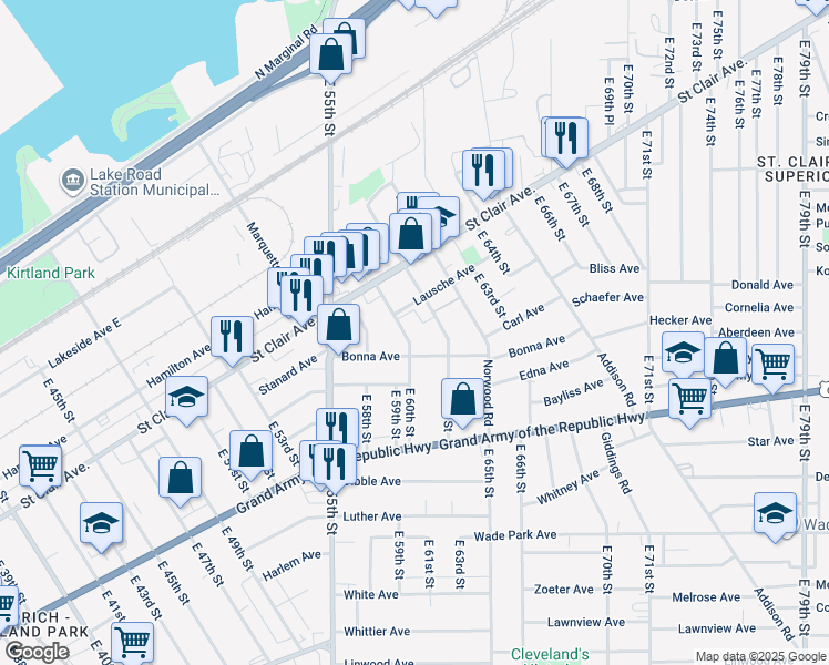 map of restaurants, bars, coffee shops, grocery stores, and more near 1166 East 61st Street in Cleveland