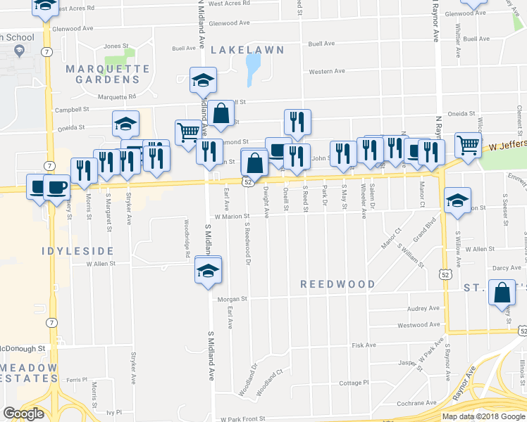 map of restaurants, bars, coffee shops, grocery stores, and more near 1251 West Marion Street in Joliet