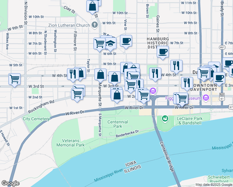 map of restaurants, bars, coffee shops, grocery stores, and more near 940 West 2nd Street in Davenport