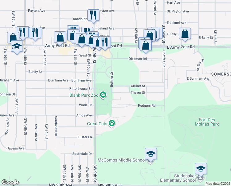 map of restaurants, bars, coffee shops, grocery stores, and more near 68 Thayer Street in Des Moines