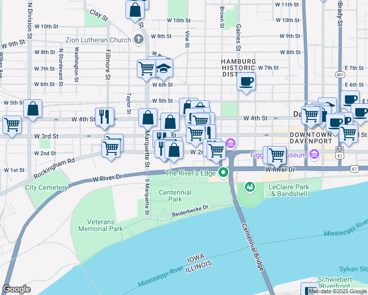 map of restaurants, bars, coffee shops, grocery stores, and more near 940 West 2nd Street in Davenport