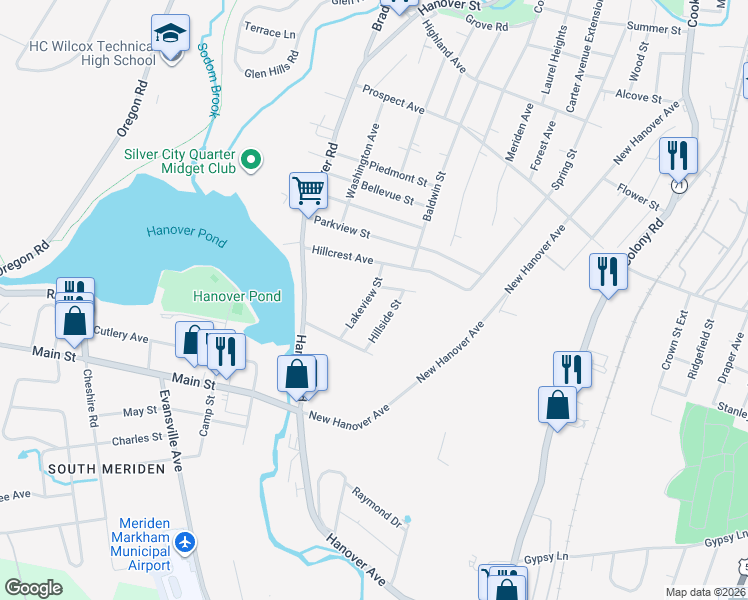 map of restaurants, bars, coffee shops, grocery stores, and more near 59 Lakeview Street in Meriden