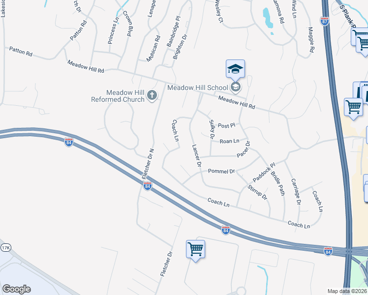map of restaurants, bars, coffee shops, grocery stores, and more near 18 Coach Lane in Newburgh
