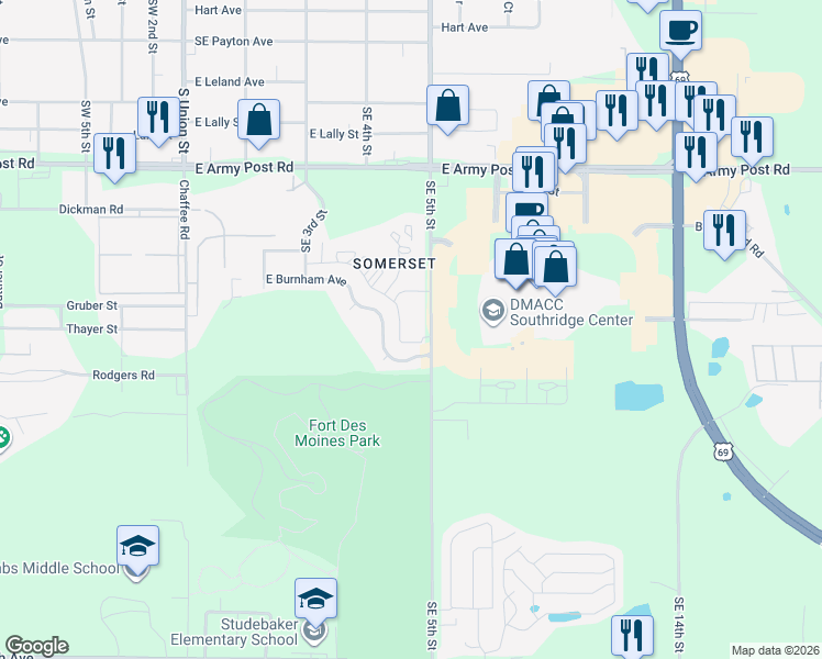 map of restaurants, bars, coffee shops, grocery stores, and more near 6720 Southeast 5th Street in Des Moines