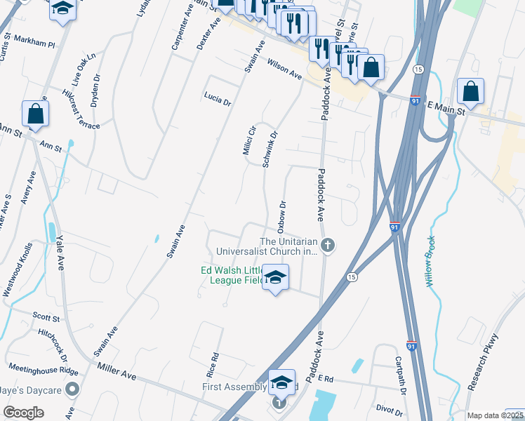 map of restaurants, bars, coffee shops, grocery stores, and more near 235 Schwink Drive in Meriden