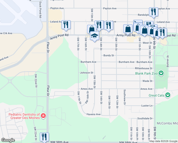 map of restaurants, bars, coffee shops, grocery stores, and more near 6905 Southwest 16th Street in Des Moines