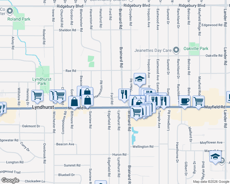 map of restaurants, bars, coffee shops, grocery stores, and more near 5587 Dorset Road in Lyndhurst