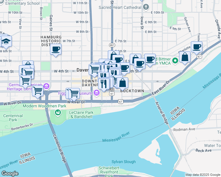 map of restaurants, bars, coffee shops, grocery stores, and more near 102 West 2nd Street in Davenport