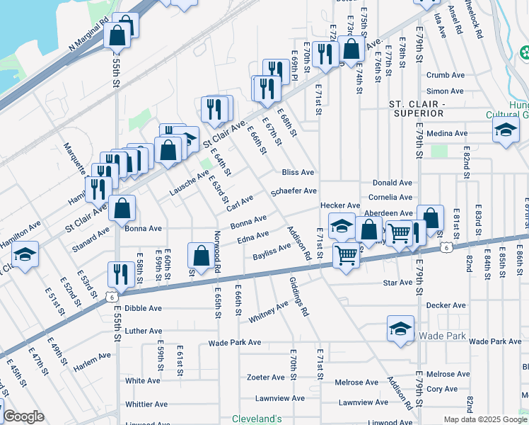 map of restaurants, bars, coffee shops, grocery stores, and more near 6719 Bonna Avenue in Cleveland