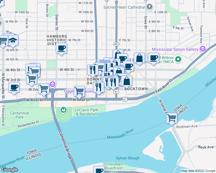 map of restaurants, bars, coffee shops, grocery stores, and more near in Davenport