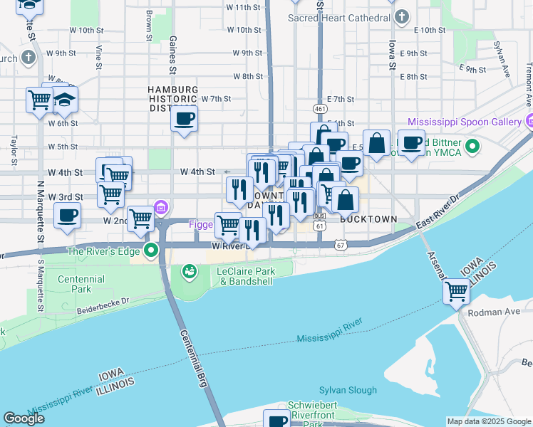 map of restaurants, bars, coffee shops, grocery stores, and more near 202 North Harrison Street in Davenport