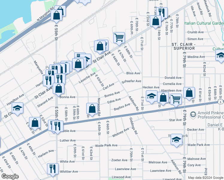 map of restaurants, bars, coffee shops, grocery stores, and more near 6703 Bonna Avenue in Cleveland