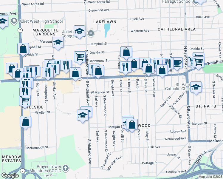 map of restaurants, bars, coffee shops, grocery stores, and more near 1251 West Marion Street in Joliet