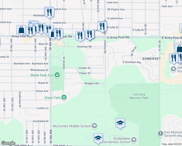 map of restaurants, bars, coffee shops, grocery stores, and more near 68 Thayer Street in Des Moines