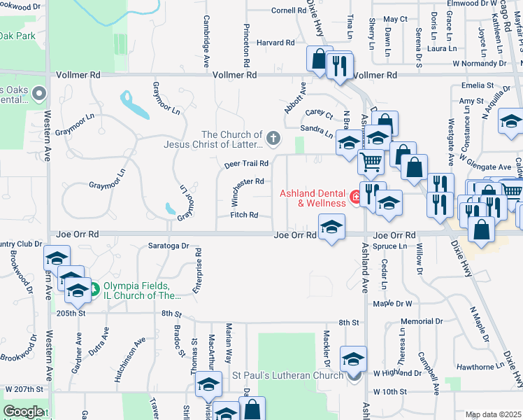 map of restaurants, bars, coffee shops, grocery stores, and more near 483 Fitch Road in Chicago Heights