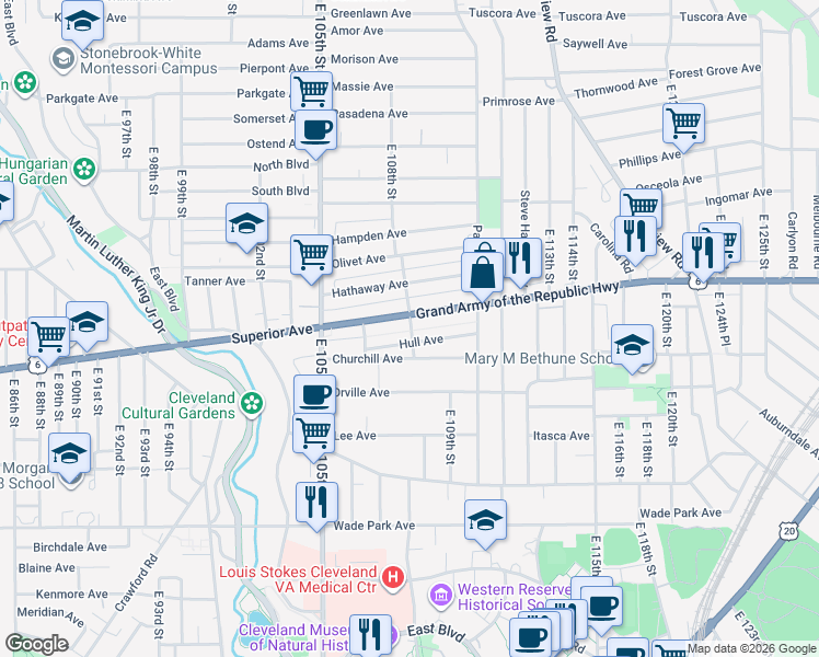 map of restaurants, bars, coffee shops, grocery stores, and more near 1314 East 108th Street in Cleveland