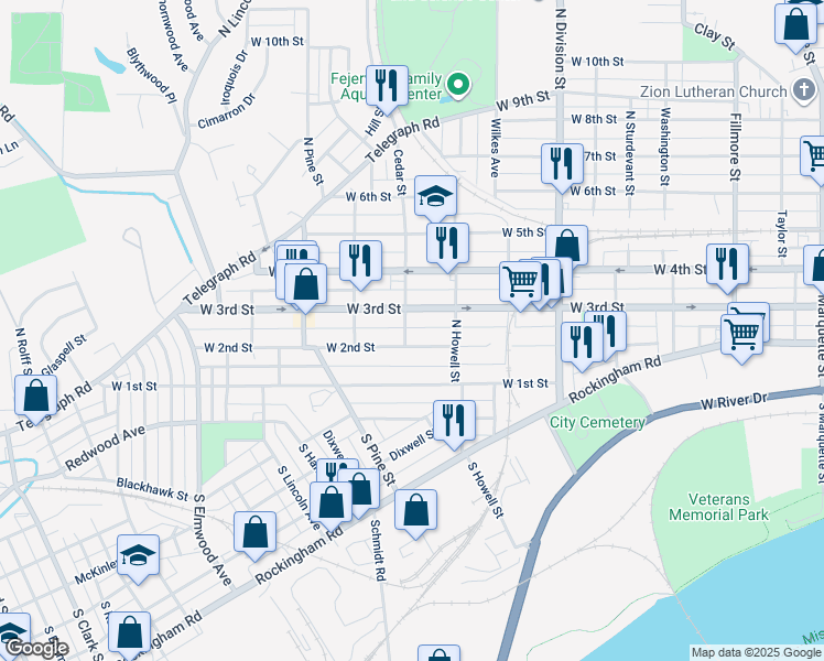 map of restaurants, bars, coffee shops, grocery stores, and more near 211 Cedar Street in Davenport
