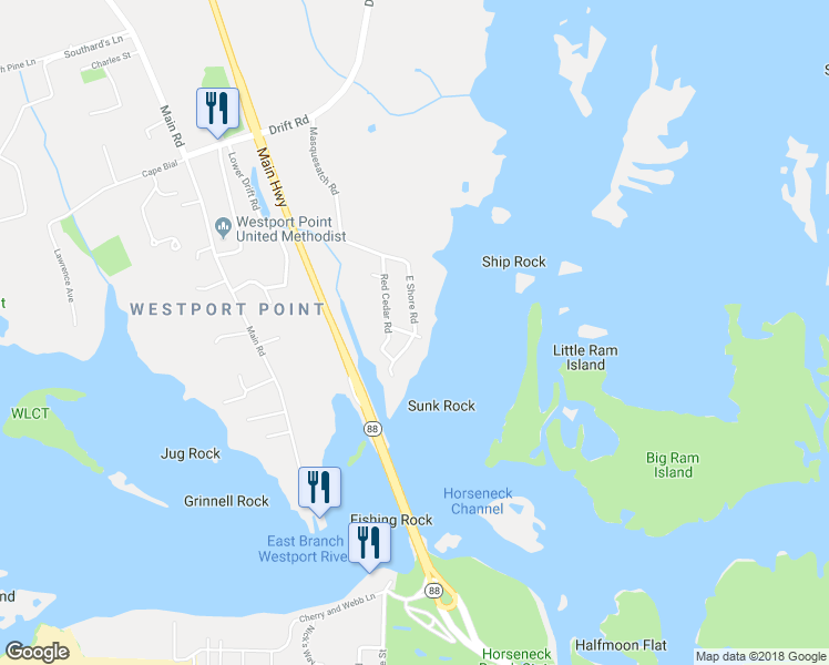 map of restaurants, bars, coffee shops, grocery stores, and more near 10 East Shore Road in Westport