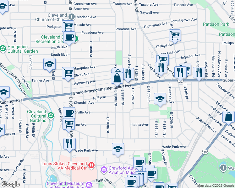 map of restaurants, bars, coffee shops, grocery stores, and more near 1323 East 110th Street in Cleveland