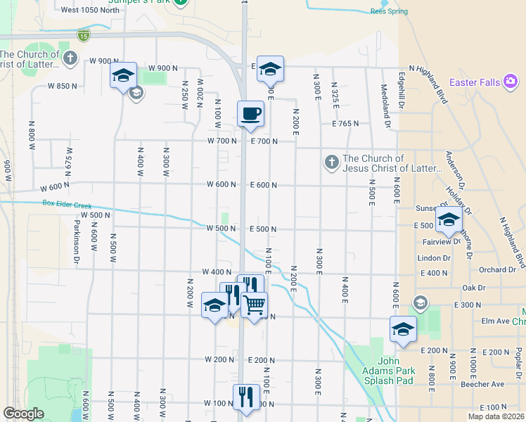map of restaurants, bars, coffee shops, grocery stores, and more near 539 North 100 East in Brigham City