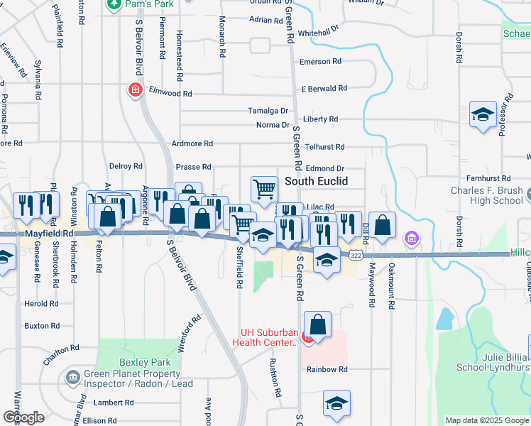 map of restaurants, bars, coffee shops, grocery stores, and more near 4401 Mayfield Road in Cleveland