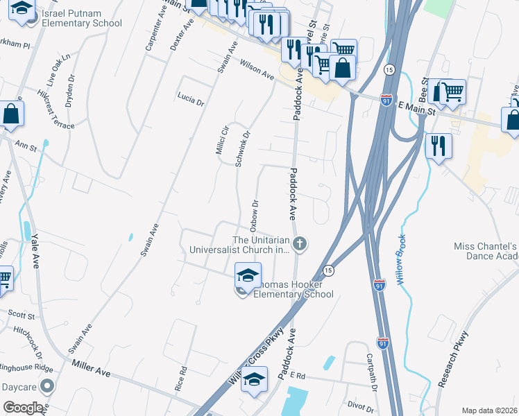 map of restaurants, bars, coffee shops, grocery stores, and more near 121 Oxbow Drive in Meriden