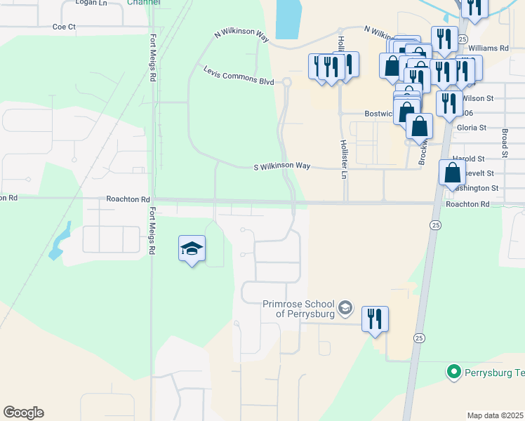 map of restaurants, bars, coffee shops, grocery stores, and more near 13247 Roachton Road in Perrysburg