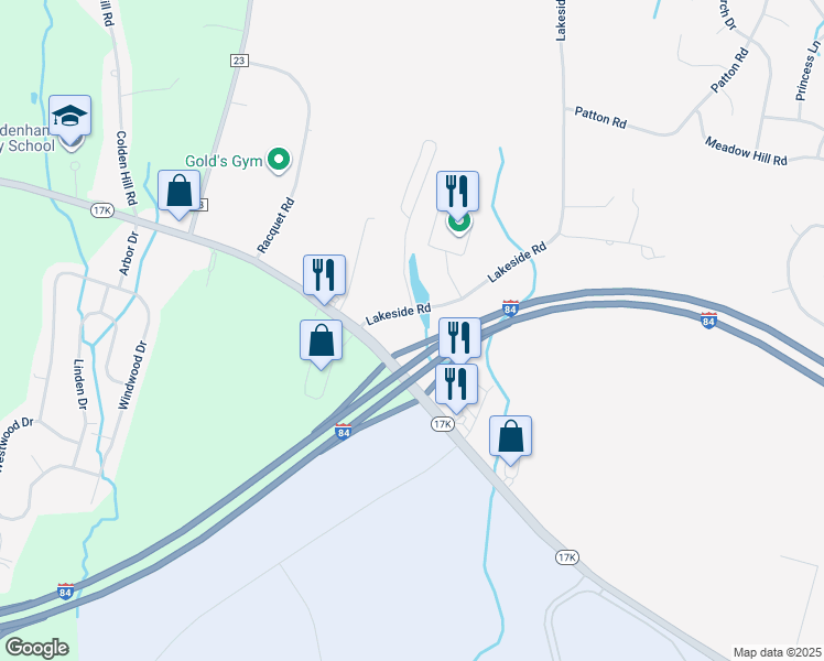 map of restaurants, bars, coffee shops, grocery stores, and more near 2 Lakeside Road in Newburgh