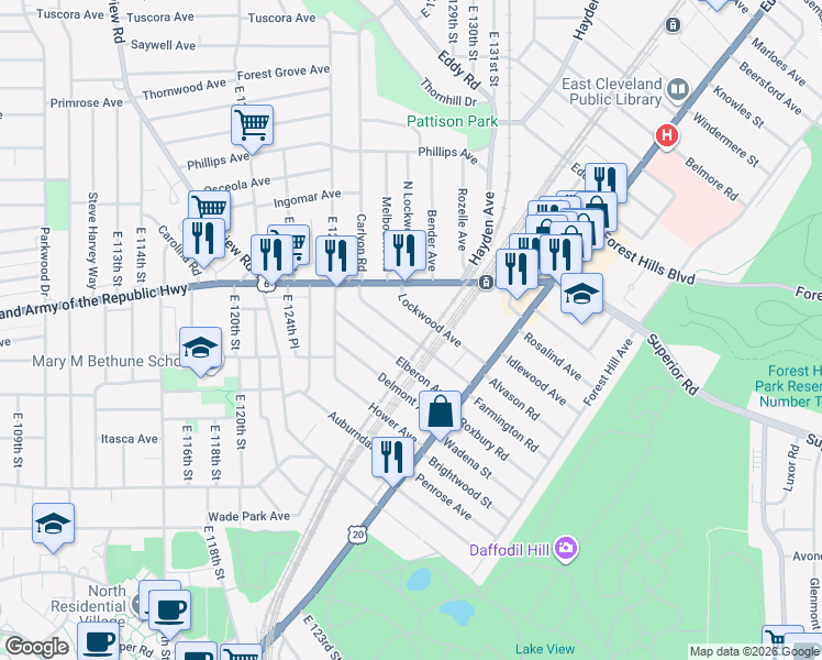 map of restaurants, bars, coffee shops, grocery stores, and more near 1672 Carlyon Road in East Cleveland