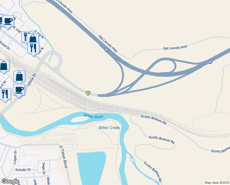 map of restaurants, bars, coffee shops, grocery stores, and more near East Flaming Gorge Way in Green River
