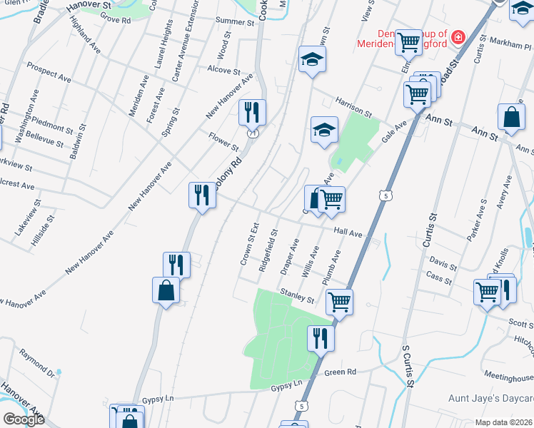 map of restaurants, bars, coffee shops, grocery stores, and more near 87 Hall Avenue in Meriden