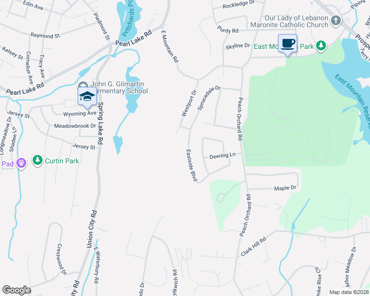 map of restaurants, bars, coffee shops, grocery stores, and more near 173 Eastside Boulevard in Waterbury
