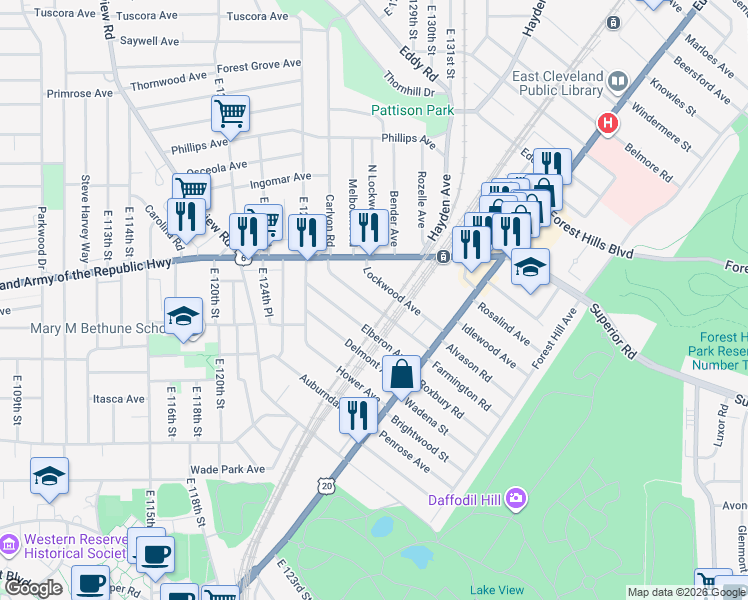 map of restaurants, bars, coffee shops, grocery stores, and more near 1672 Carlyon Road in East Cleveland