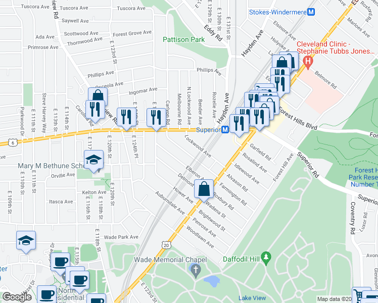 map of restaurants, bars, coffee shops, grocery stores, and more near 1672 Carlyon Road in East Cleveland