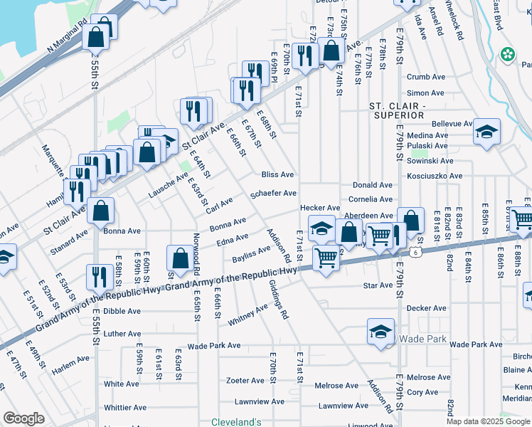 map of restaurants, bars, coffee shops, grocery stores, and more near in Cleveland