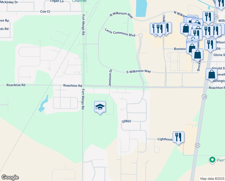 map of restaurants, bars, coffee shops, grocery stores, and more near 13373 Roachton Road in Perrysburg