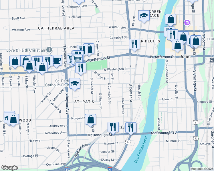map of restaurants, bars, coffee shops, grocery stores, and more near 506 West Marion Street in Joliet